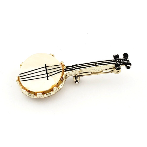 Pin & Brooch Banjo Adult's 2" White & Gold Tone Retro Music Vintage Clip On - Picture 1 of 5
